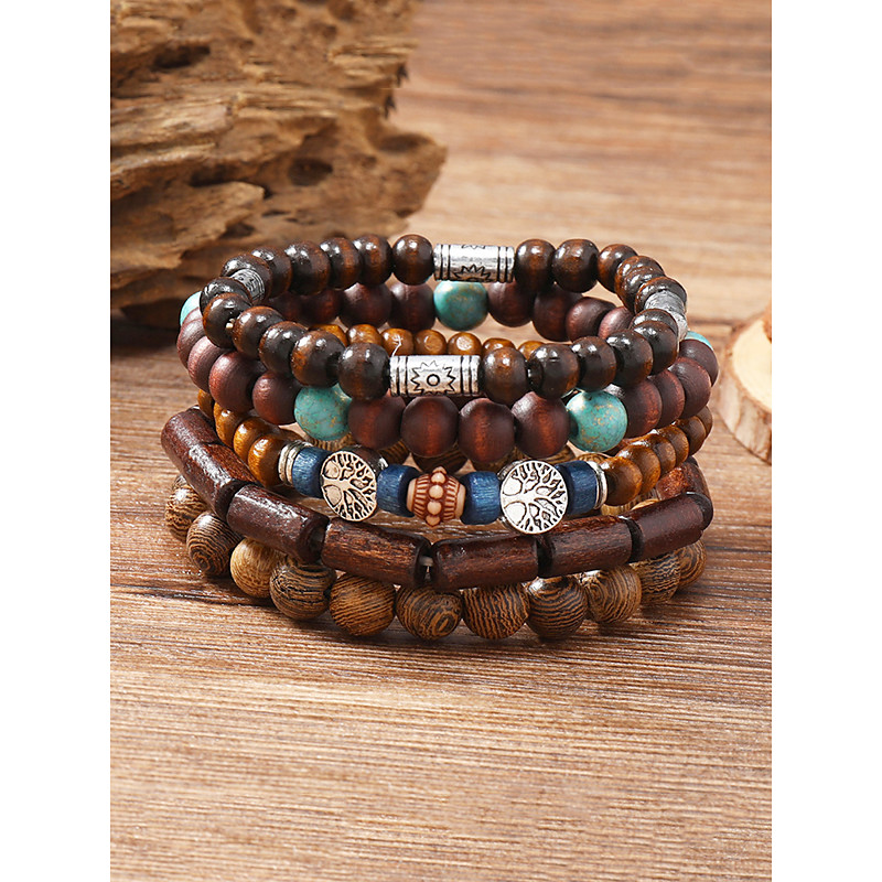 Men's Multilayer Wooden Bead Bracelet Set, Bohemian Style Handmade Jewelry for Casual and Beachwear