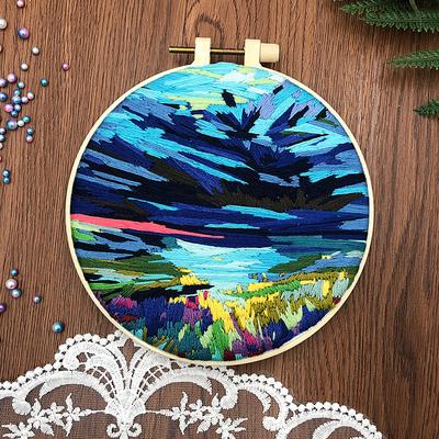 Embroidery Starter Kit for Adult Beginner with Landscape Tree Mountain River Floral Nature Scenery Pattern Hand Embroidery Set DIY Cross Stitch Kits with Hoops Needles Threads