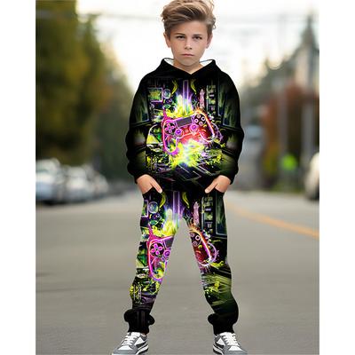 Boys 3D Graphic Game Hoodie Sweatpants Set Sports Suit Tracksuits Long Sleeve Spring Fall Daily Basic Casual Kids 4-12 Years Hooded Outdoor Vacation Sports Tailored Fit