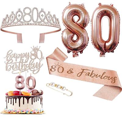 Birthday Party Rose Gold Deluxe 6-Piece Set - Balloon Numbers (10-80), Tiara, Sash, Cake Candles, Cake Topper - for Girls Women