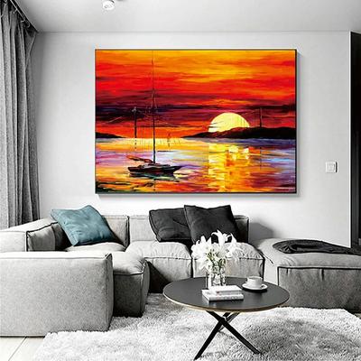 100% Hand painted Sunset boat Oil Painting Cloud Sea Hanging Painting Sunset Orange Sailing Ship Sea Oil Painting Blue Ocean Waves Boat Wall Art Seascape Canvas Painting Colorful Sunset painting