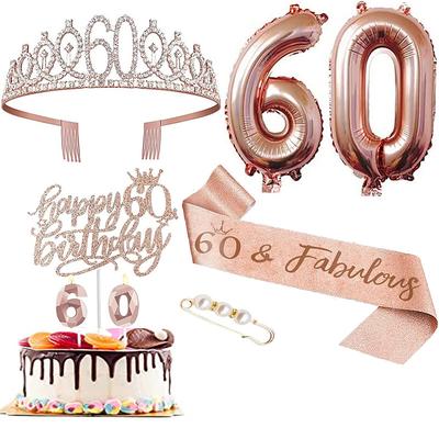 Birthday Party Rose Gold Deluxe 6-Piece Set - Balloon Numbers (10-80), Tiara, Sash, Cake Candles, Cake Topper - for Girls Women