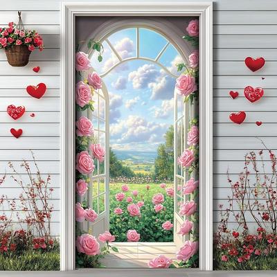 Wedding Outdoor Decorations Door Covers Door Tapestry Door Curtain Decoration Backdrop Indoor/Outdoor Door Banner for Front Door Farmhouse Window View Roses