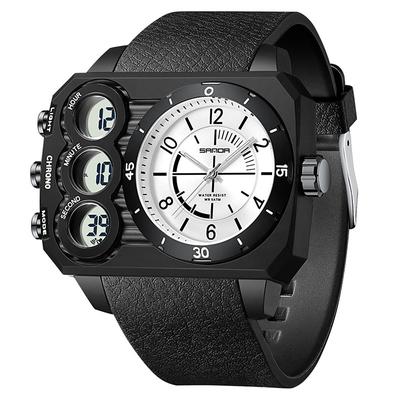 SANDA Men Digital Watch Outdoor Fashion Casual Wristwatch Luminous Alarm Clock Three Time Zones Calendar TPU Watch