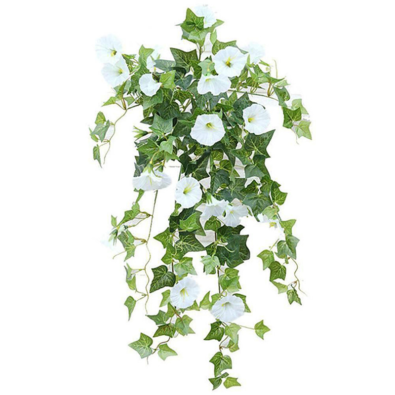 Hanging Artificial Silk Morning Glory Imitation Flower Vine Wedding Garden Decor Fake Plant Vibrantly Color Flower Green Plant for Home Garden Fence Stairway Decor
