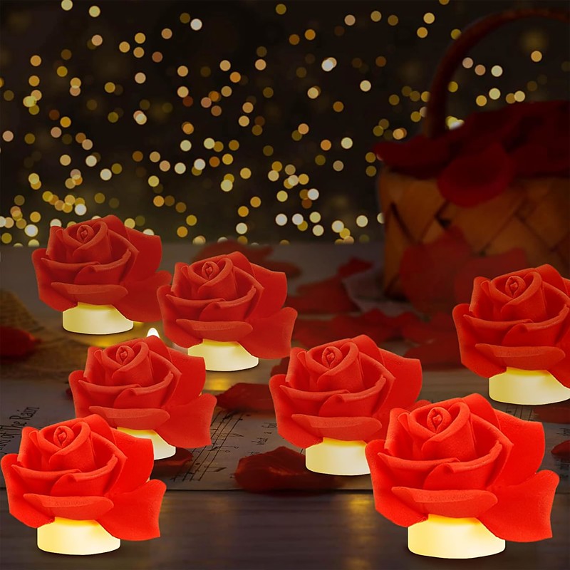 12pcs LED Tea Lights Candles Artificial Rose Petals Electric Candle Light Romantic Flameless Candle Battery Powered Christmas Valentine Wedding Birthday Party Scene Decoration