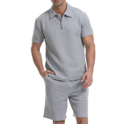 Men's Waffle Tracksuit Polo Shirt Shorts Set Outfit Set Polo Collar Quarter Zip Outdoor Daily Sports Pocket Drawstring 2 Piece Plain Black White Khaki Polyester Activewear Classic Casual Summer
