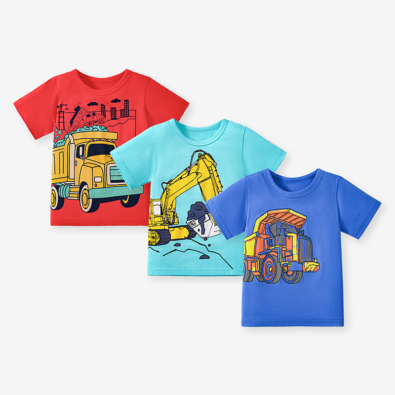 Multi Packs 3pcs Boys Crew Neck Short Sleeves redblueLight Blue T Shirt Cartoon Vacation Daily Wear 100% Cotton Spring Summer