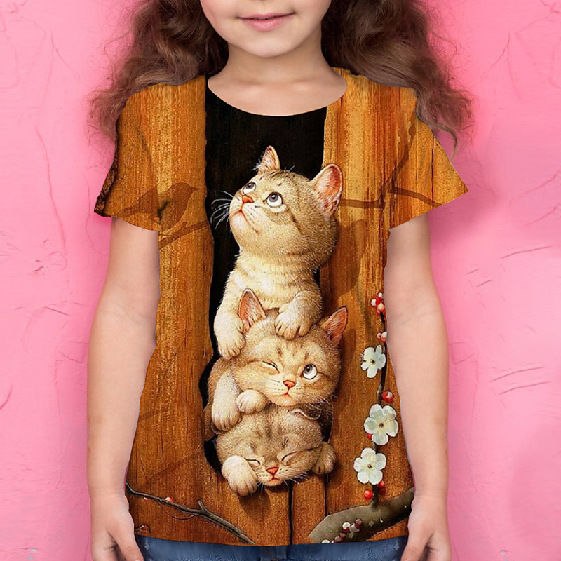 Girls' 3D Animal Cat T shirt Tee Short Sleeve 3D Print Summer Active Polyester Kids 4-12 Years School Daily Wear Regular Fit