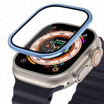 Watch Case for Apple Watch Ultra 49mm Screen Protector 49mm 9H Tempered Glass Titanium Alloy Frame Keep Original Touch Sensitive Lightweight Protective Glass Film for iwatch Ultra 49mm