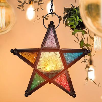Vintage Iron Art Stained Glass Star Candle Holder Lantern, Five-Pointed Hanging Windproof Tealight Holder, Decorative Iron Glass Candle Lantern for Home, Bar, Restaurant, and Gift Giving
