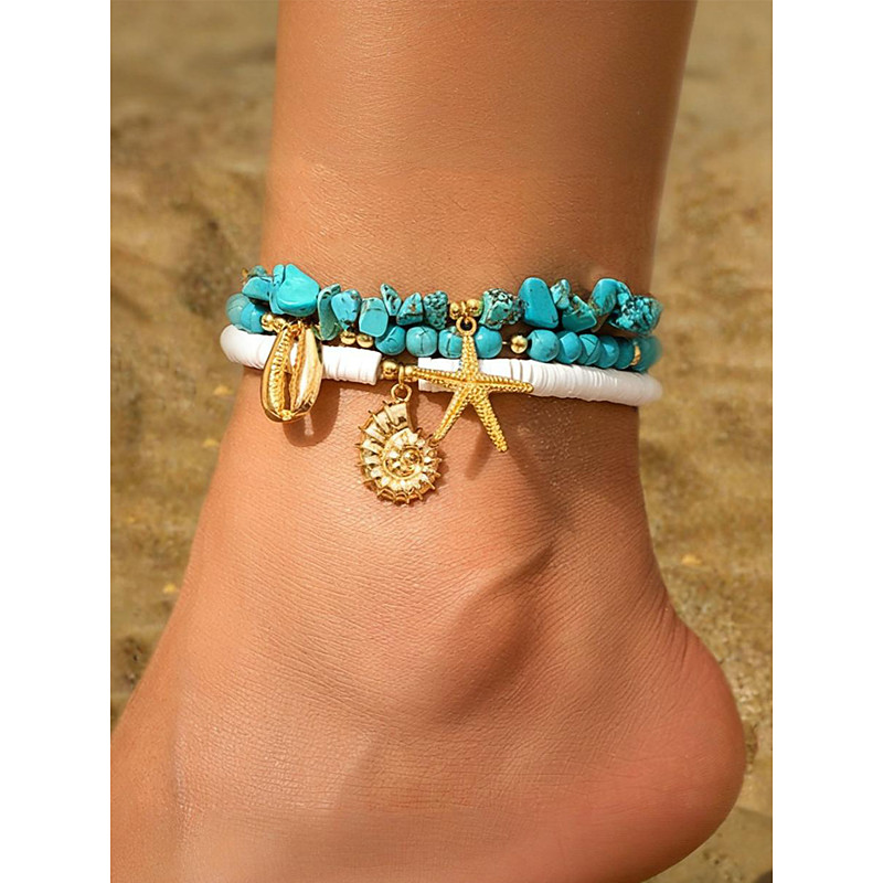 Bohemian Beach Anklet Set – Handmade Turquoise Beaded Ankle Bracelets with Seashell, Starfish, and Conch Charms, Summer Foot Jewelry for Women, Vacation Festival Accessories