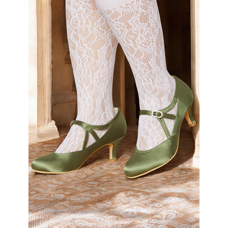 Women's Sage Green Satin T-Strap Heels-Vintage Gatsby Mid Heel Pumps with Buckle Closure, Elegant Shoes for Weddings Ballroom Dance