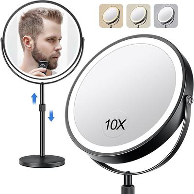 8-in 20cm Illuminated Makeup Mirror Light Magnifying 10x with Three Tone Light and Adjustable Height Suitable for Office desks Rechargeable 360 Rotating Double-sided LED Makeup Mirror