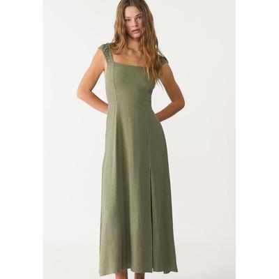 Stradivarius Flowing linen blend maxi dress with crossed back Khaki L
