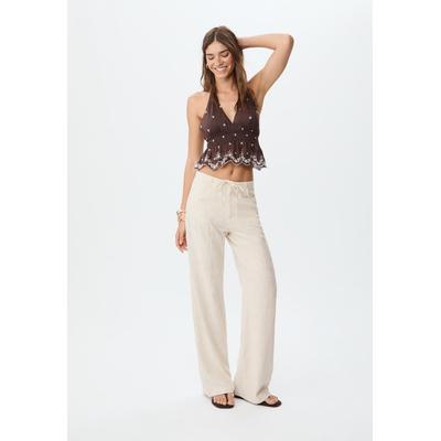 Stradivarius Linen blend embroidered straight-leg trousers Stone 4