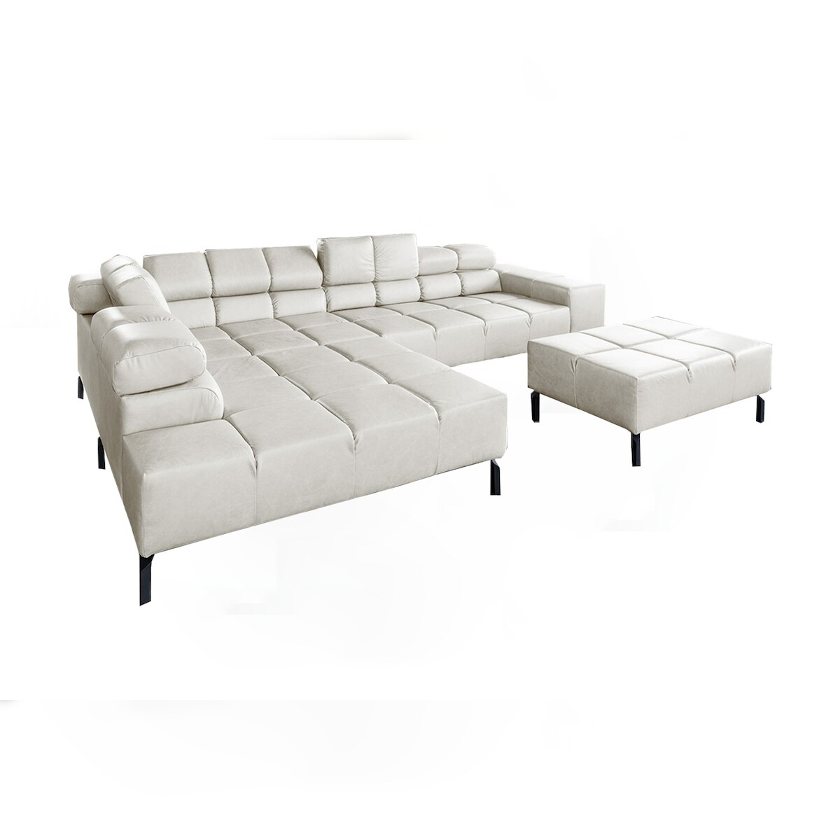 KAWOLA Sofa NELSON Ecksofa Leder hellgrau mit motorischem Sitzvorzug und Hocker Recamiere links Image