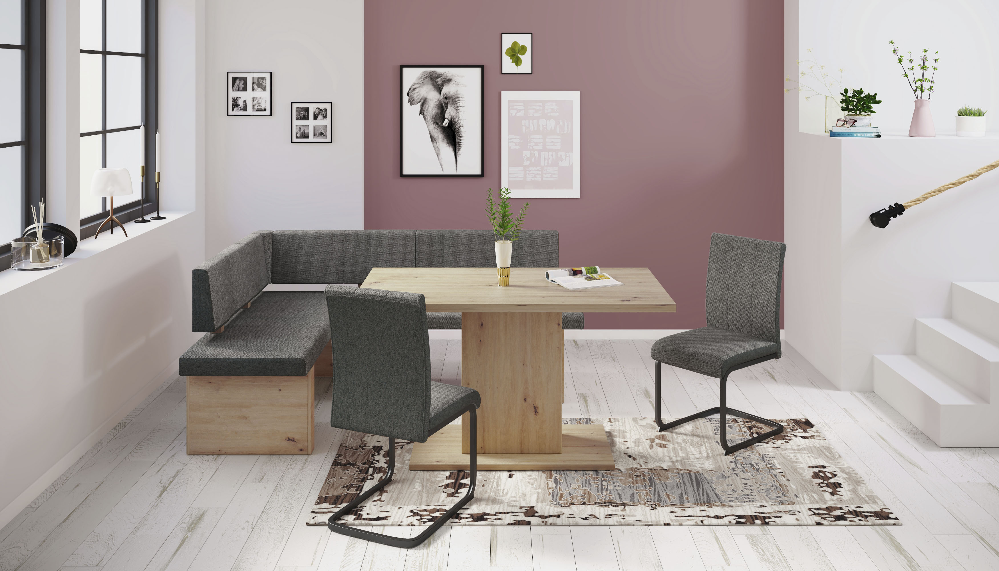 Essgruppe HELA "ODER", schwarz (artisan eiche, anthrazit, anthrazit, schwarz), Webstoff, Sitzmöbel-Sets, Säulentisch 138x80 cm, rechts-links montierbar, Stuhl 140 kg belastbar