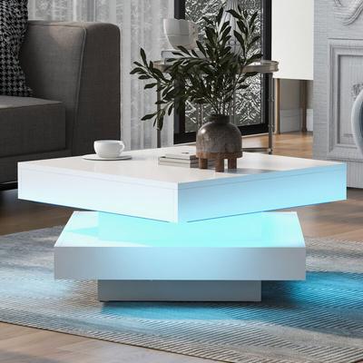 Glänzend weißer, quadratischer Couchtisch mit drehbarer Platte – moderner Techno-Stil mit Image