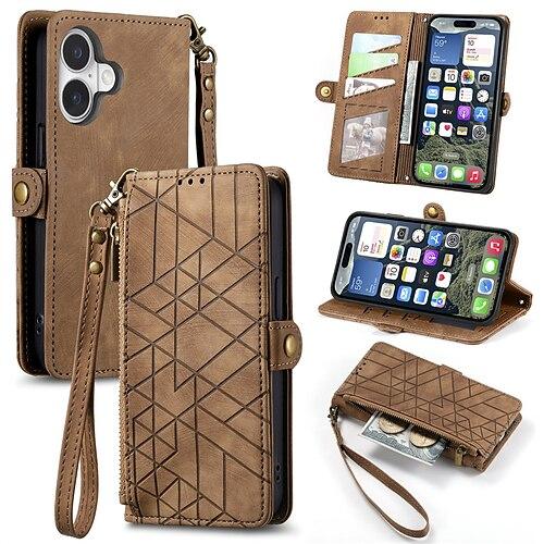 téléphone Coque Pour iPhone 16 15 14 Pro Max Plus 16e 13 12 11 Pro Max Étui Portefeuille Coque à Rabat Avec Dragonne Antichoc Rétro Formes Géométriques TPU faux cuir