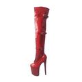 Bottes à plateforme hautes en cuir verni rouge pour femmes – Bottes à talons aiguilles à boucle au-dessus du genou pour tenues de club, cosplay et spectacles de danse exotique