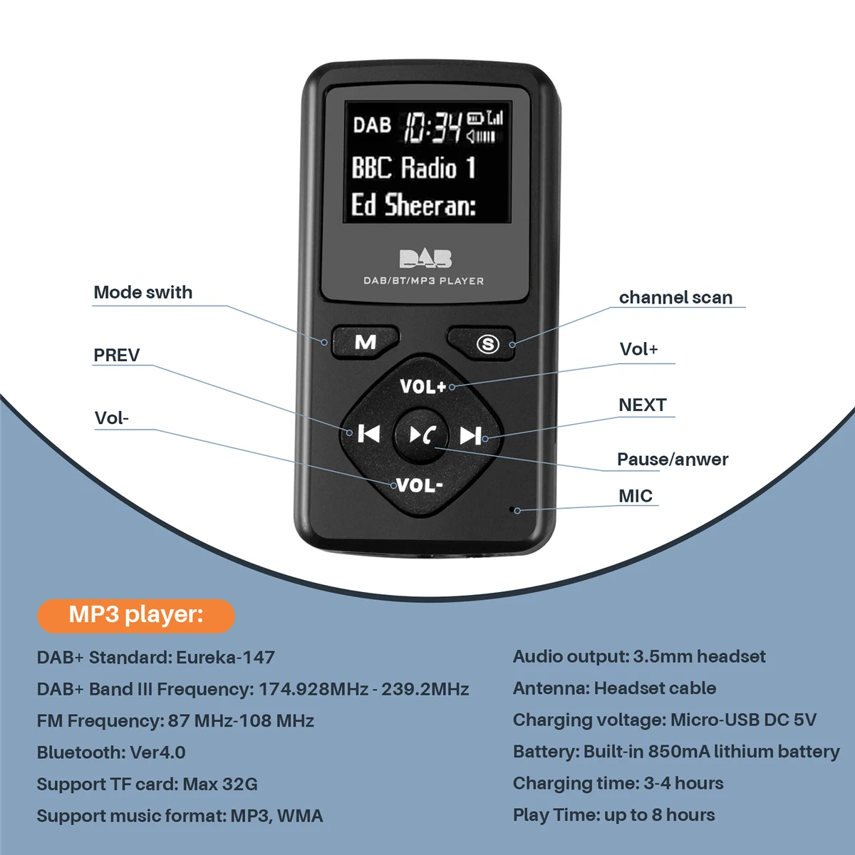 BOFO DAB/DAB Digitalradio Bluetooth 4.0 Personal Pocket FM Mini Tragbares Radio Kopfhörer MP3 Micro-USB für Zuhause Image