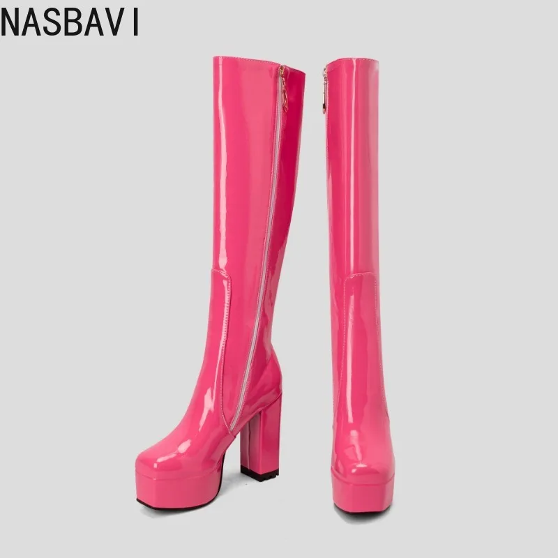 Retro Frauen Runde Kappe High Heel Stiefel Mode Silber Glod Cosplay Kniehohe Stiefel für Frauen Plus Größe Zipper Boote Mujer Schuhe