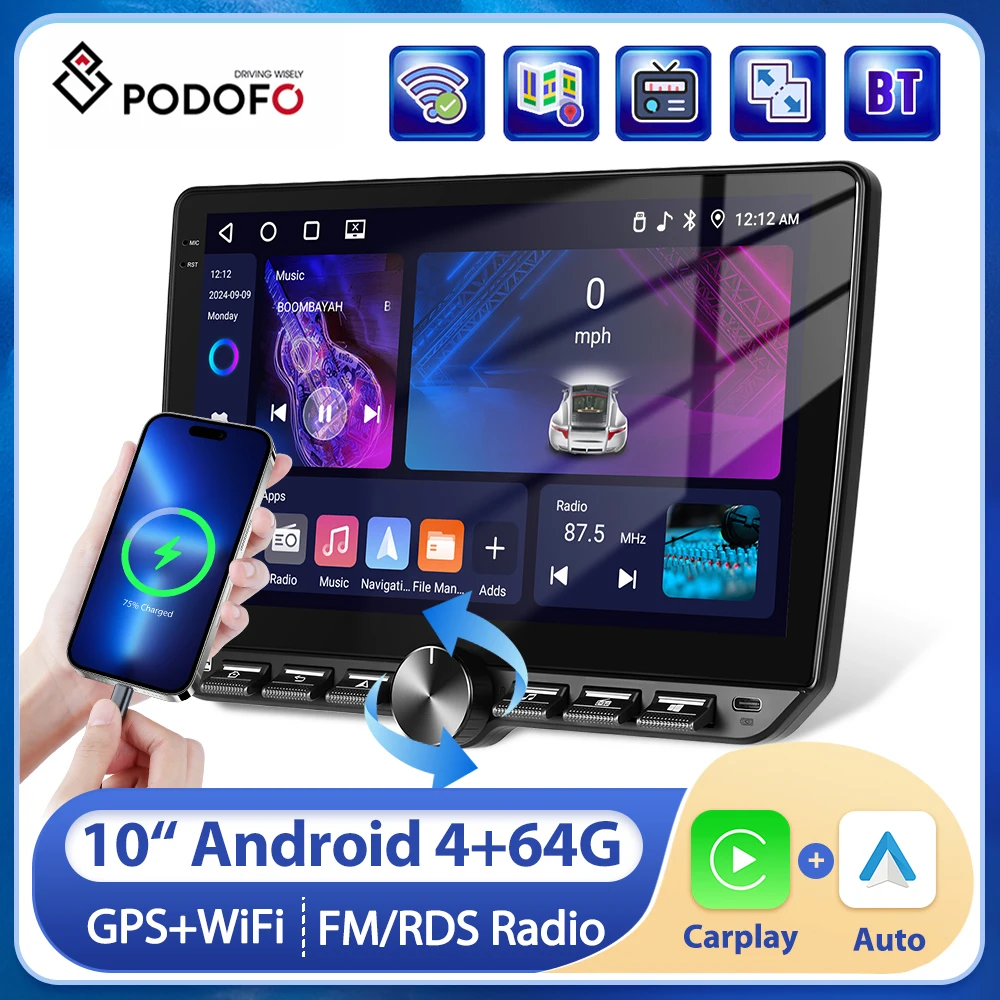 Podofo Android 2DIN GPS Auto Stereo Radio Drahtlose Carplay Auto Player GPS FM Radio Empfänger Unterstützung Hinten Kamera klavier schlüssel Image