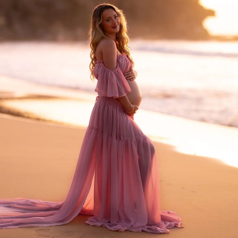 Umstandskleid für Fotoshootings, einfarbig, Chiffon, zweiteilig, sexy, kurzes Oberteil und bodenlanger Rock, Fotografie-Kleid für Frauen Image
