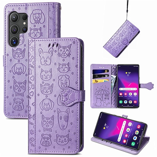 Handy Hülle Handyhüllen Für Samsung Galaxy S25 S24 S24 FE S23 S22 S21 Ultra Plus A16 A55 5G A35 5G A25 Brieftaschenhülle Flip-Cover Mit Handgelenkschlaufe Stoßfest Katze Hund TPU PU-Leder Image