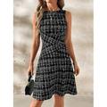 Damen Minikleid A Linie Kleid Figurbetontes Kleid Schulterfreies Kleid Urlaub Büro Normale Passform Karomuster Ärmellos Rundhalsausschnitt Schwarz Weiß Wein Marineblau Sommer
