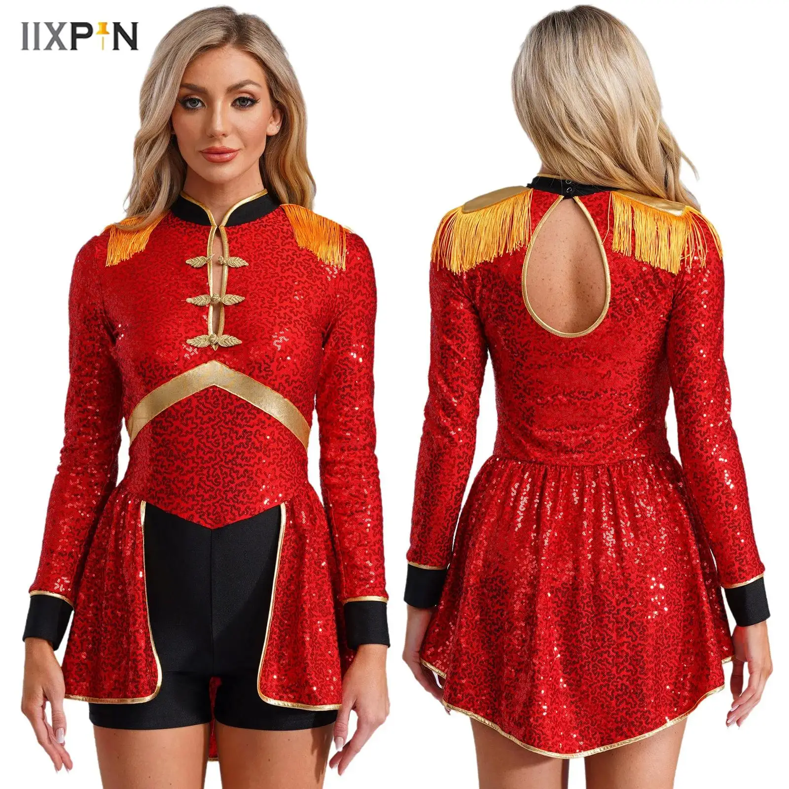 Frauen Zauberer Body Pailletten Zirkusdirektor Zirkus Schlagzeuger Halloween Karneval Cosplay Kostüm Langarm Fransen Epaulet Body Image