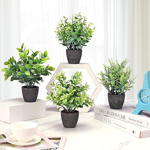 4er-Pack Kunstpflanzen, Keramik, Mini-Kunstgrün, Topfpflanzen für Heimdekoration, Bürodekoration, Raumdekoration, Bauernhausdekoration, Innendekoration, Tischdekoration, Badezimmerdekoration Image