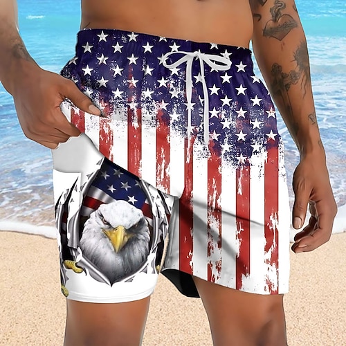 Tag der Unabhängigkeit Herren 250. Jahrestag des Unabhängigkeitstages der USA am 4. Juli Adler US Flagge Gefütterte Shorts 2 in 1 Badeshorts Badehosen Mittlere Taille Ferien Seitentaschen Mit Image