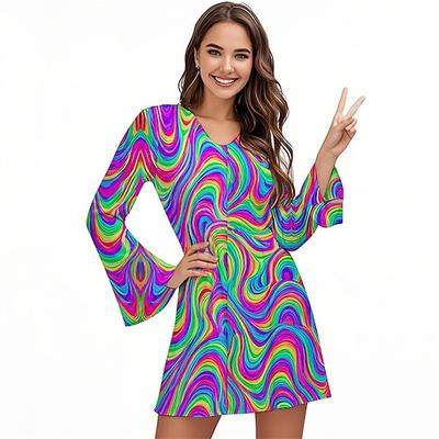 Retro Vintage 1970er Groovy Kleid Stirnband Hippie Disco Psychedelisch Damen Halloween Karneval Urlaub Musikfestival Festival Erwachsene Kleid Stirnband Image