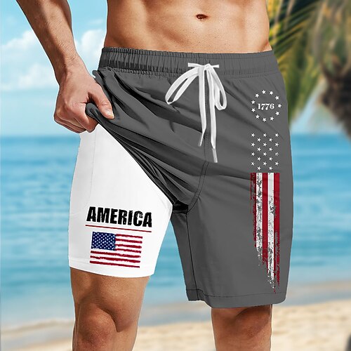 Tag der Unabhängigkeit Herren Amerikanische US-Flagge 250. Jahrestag des Unabhängigkeitstages der USA am 4. Juli Patriotisch Gefütterte Shorts 2 in 1 Badeshorts Badehosen Mittlere Taille Ferien Image