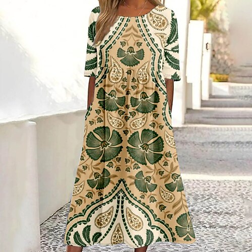Damen Midikleid Blumenkleid Druckkleid Mode Klassisch Modern Täglich Outdoor Ferien Normale Passform Blume Kurzarm Rundhalsausschnitt Weiß Grün Herbst Image