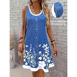 Damen Minikleid Sommerkleid A Linie Kleid Urlaub Lässig Täglich Normale Passform Blumen Grafik Ärmellos U-Ausschnitt Blau Sommer