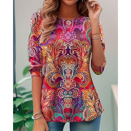 Damen T-Shirt Langarm Rundhals Langarm Tunika Blumen Grafik Lässig Reguliäre Oberteile Tagesdruck Weiß Schwarz Schwarz Blau Orange Braun Frühling Herbst Vorherbst Image