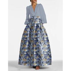 Elegantes florales Jacquard-Brocade Abend-A-Linie Kleid formelle Hochzeitsgastkleidung bodenlanger V-Ausschnitt und lange Ärmel mit Gürtel Schlitz Taschen