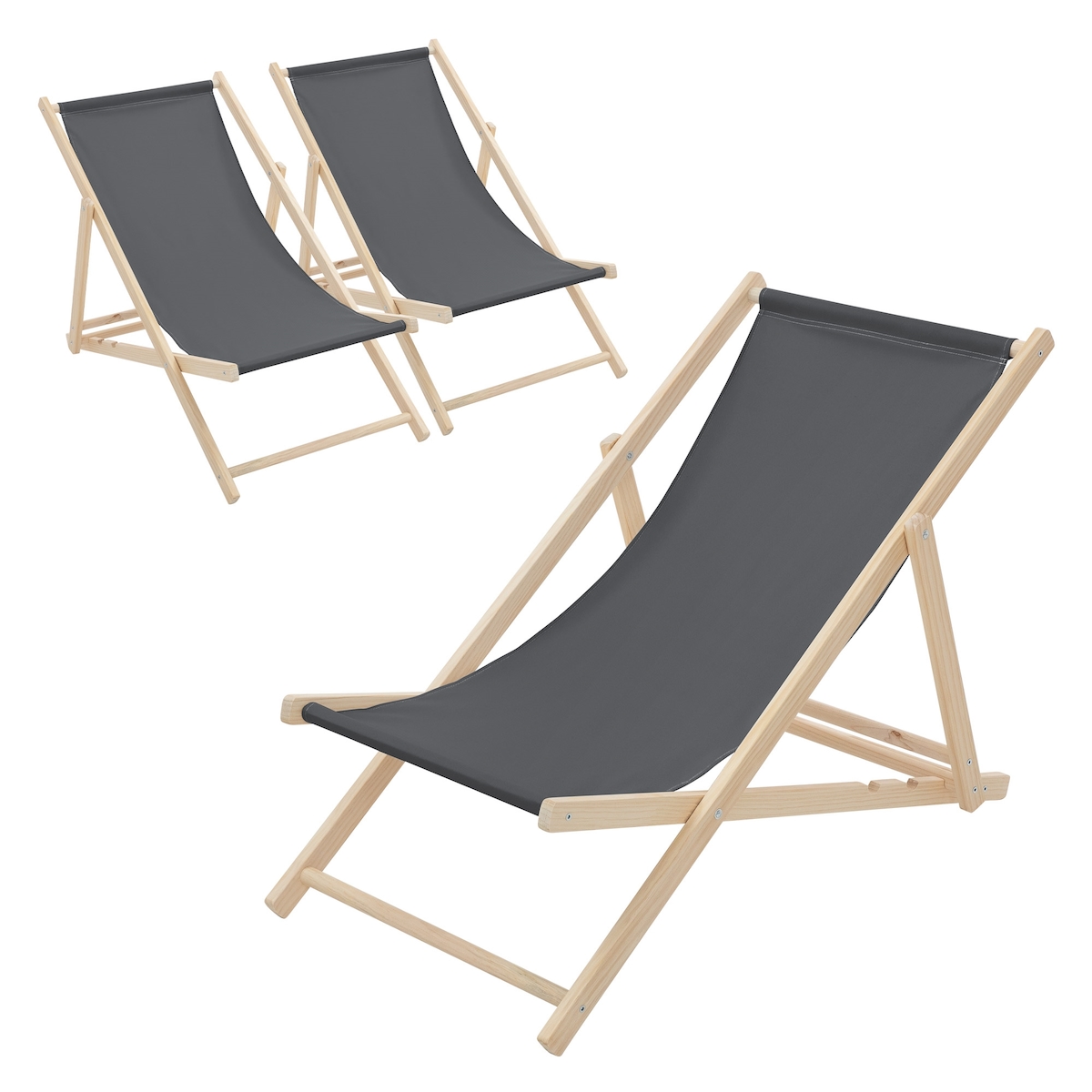 ECD Germany 3er Set Liegestuhl klappbar Anthrazit, Holz, verstellbare Rückenlehne mit 3 Positionen, bis 120 kg, Gartenliege Strandliege Sonnenliege Image