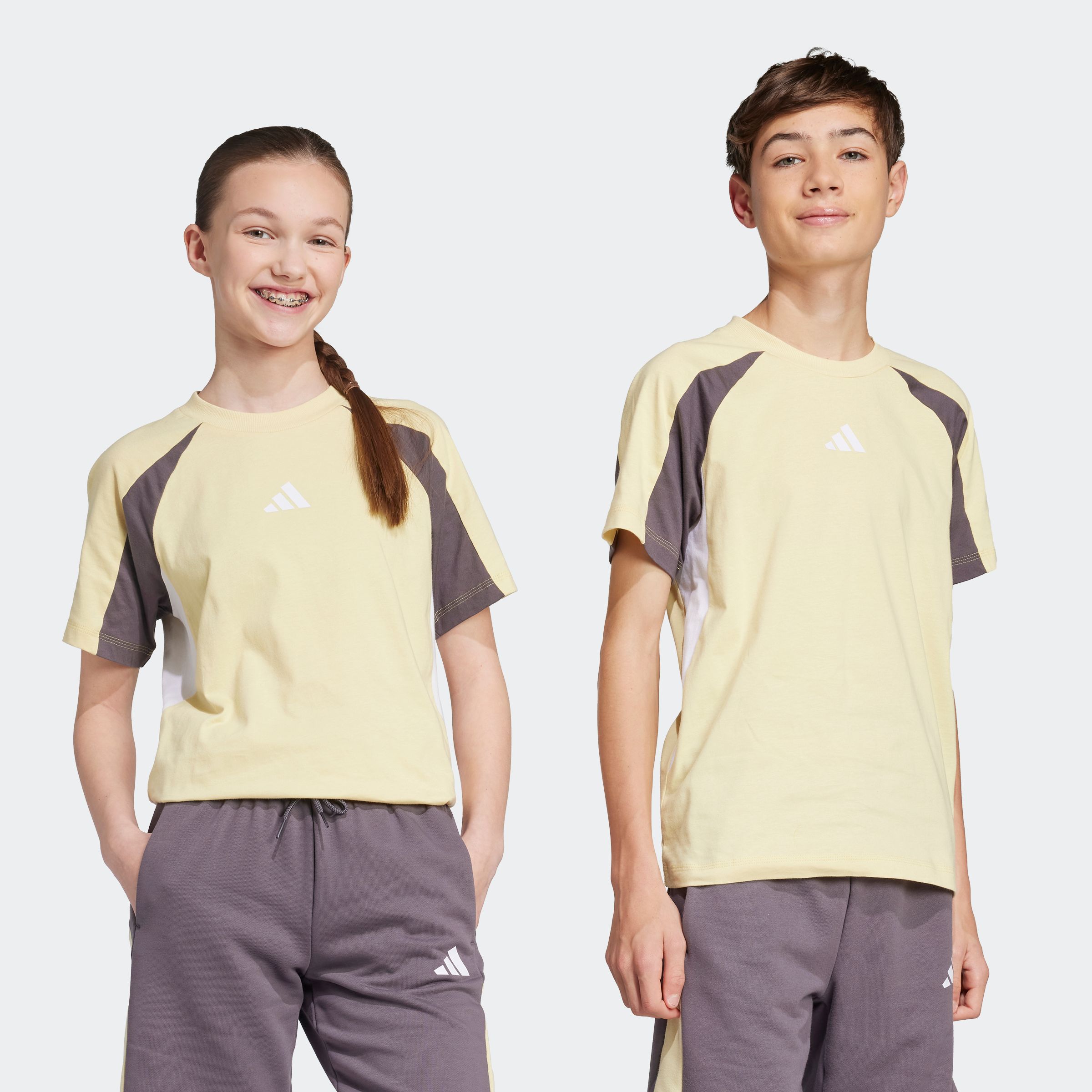 T-Shirt ADIDAS SPORTSWEAR "J CB T", Kinder, Gr. 176, gelb (powder gelb, grau strata, weiß), Obermaterial: 100% Baumwolle, Sportlich, Rundhals, Shirts Image
