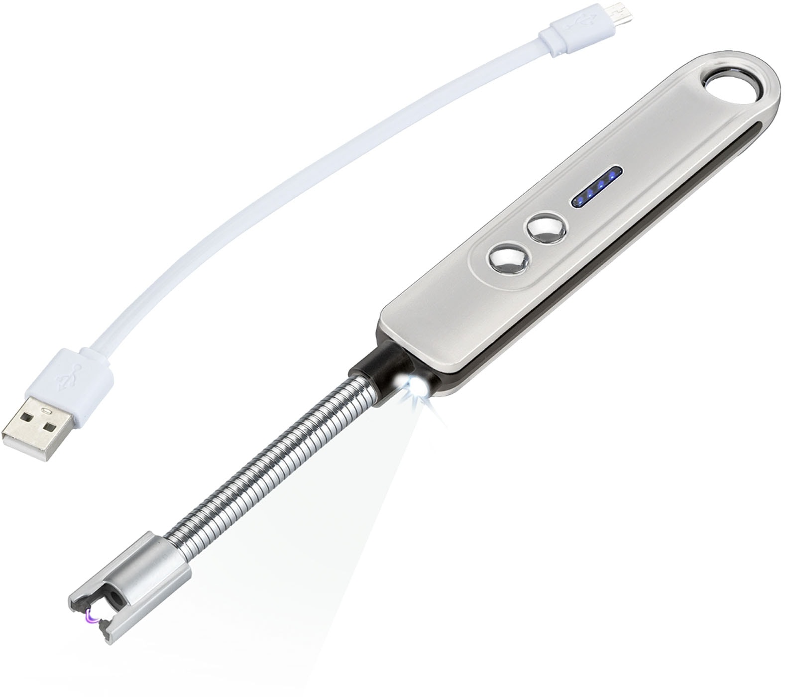 Stabanzünder MAXIMEX "LED Lichtbogen-Feuerzeug", silber (silberfarben), B:2,5cm H:22,5cm L:1,5cm, Kunststoff, Feuerzeuge, mit elektrischem Anzünder, ohne Gas, Flammen und Nachfüllen