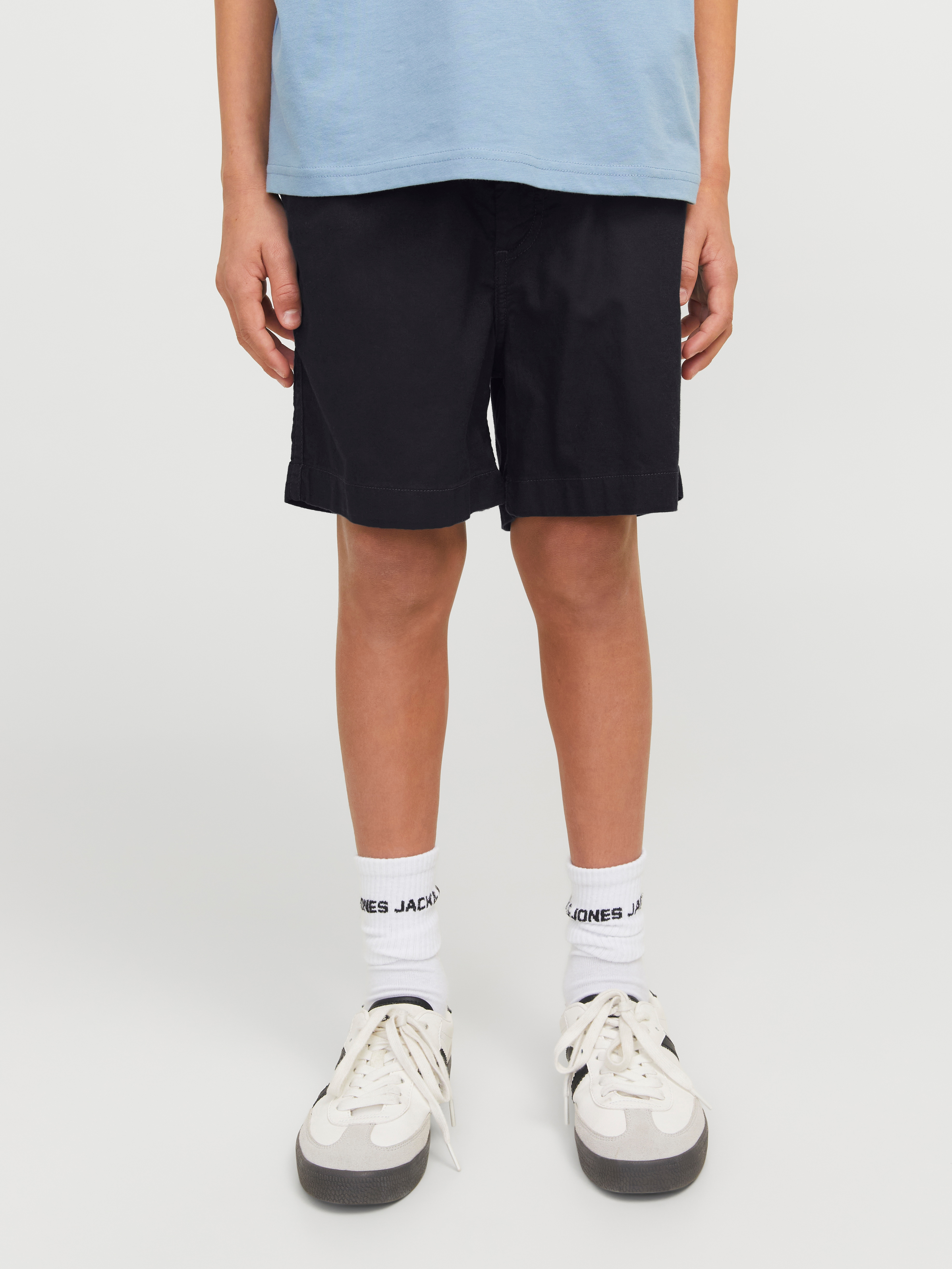 Jogg-Bermudas JACK & JONES JUNIOR "JPSTJAIDEN JJCAMPAIGN HYBRID BONDI JNR", Jungen, Gr. 152, N-Gr, schwarz, Web, Obermaterial: 80% Baumwolle, 20% Leinen, unifarben, Hosen