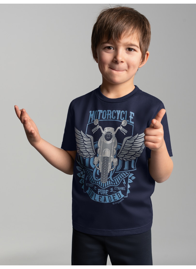 T-Shirt TRIGEMA "TRIGEMA T-Shirt mit großem Motorrad-Printmotiv", Kinder, Gr. 140, blau (navy), 100% Baumwolle, Shirts Image