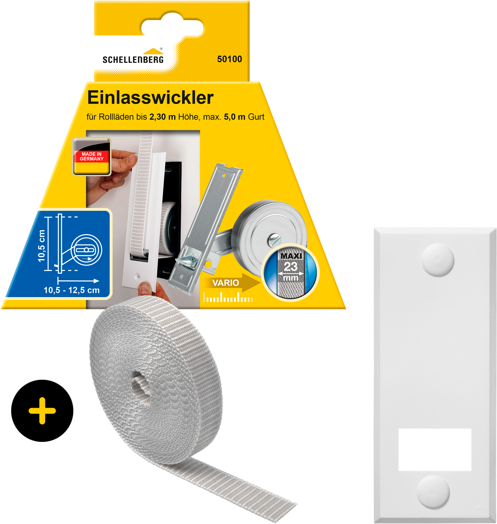 Einlass-Gurtwickler SCHELLENBERG "Unterputz, inkl. Abdeckplatte weiß und Rollladengurt in grau oder weiß", grau, 1 Stk., Gurtwickler, 10,5 cm Lochabstand für das Rollladensystem Maxi