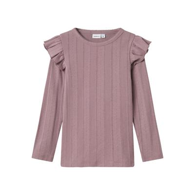 Longtop NAME IT "NMFJULIA LS SLIM TOP NOOS", Mädchen, Gr. 104, lila (elderberry), Jersey, Obermaterial: 100% Baumwolle, unifarben, Ajourstrickmuster, casual, normal hüftbedeckend, Rundhals, Langarm abgesteppte Kante, Tops, mit tollem Volant an der... Image
