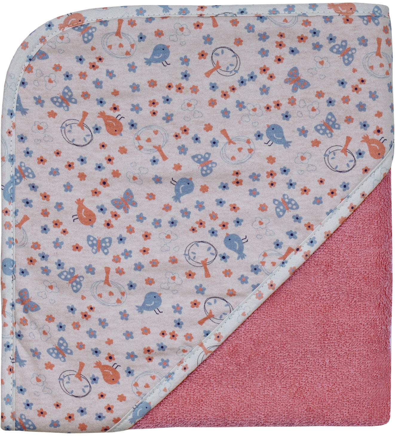 Kapuzenhandtuch WÖRNER "Vogel koralle Kapuzenbadetuch 80/80", orange (koralle), B:80cm L:80cm, Frottee, Frottier, Handtücher, obere Lage der Kapuze aus bedrucktem Single-Jersey