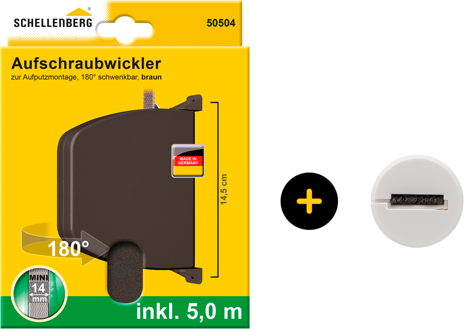 Aufputz-Gurtwickler SCHELLENBERG "Aufschraubwickler für das Rollladensystem Mini, inkl. Gurtführung", weiß, 1 Stk., Gurtwickler, 180 schwenkbar, mit vormontiertem Rollladengurtband, braun oder weiß