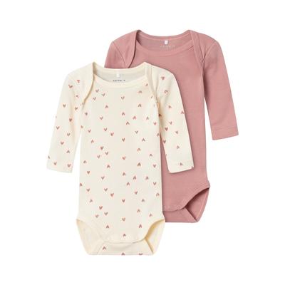 Body NAME IT "NBFBODY 2P LS BUTTERCREAM HEARTS NOOS", Damen, Gr. 62, N-Gr, beige (buttercream), Rippstrick, Obermaterial: 100% Baumwolle, bedruckt, casual, regular fit, Rundhals, Langarm, Bodies Image